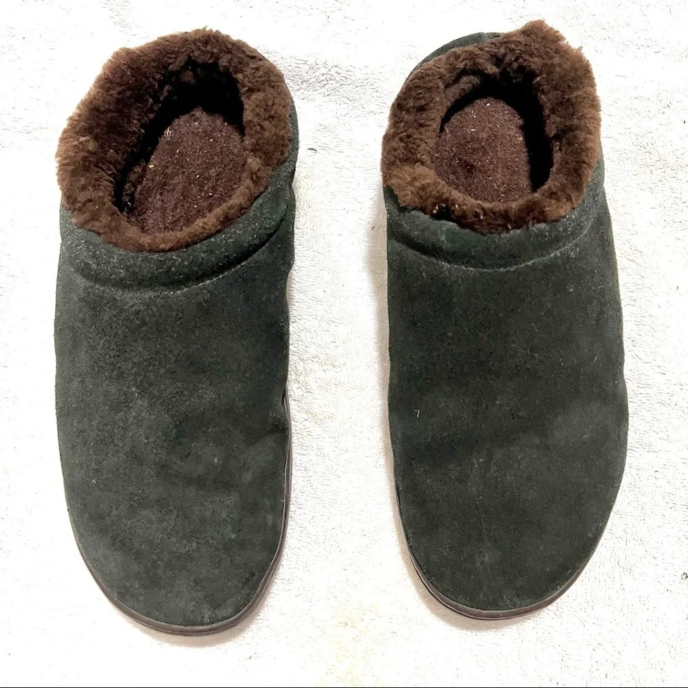 Lands' End Men's Suede Shearling Fur Clog Slippers - Black brown size 9.5